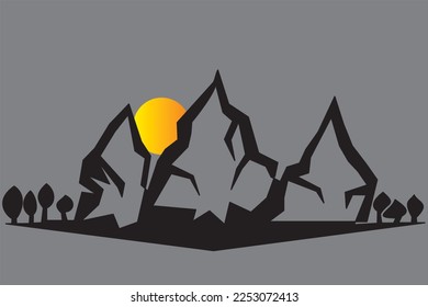 Black silhouette of Rugged mountains hard to reach and yellow sun in firs snow. Silhouette of mountains and trees in full sun. Minimalist vector illustration winter landscape. Winter travel logo..