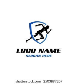 black silhouette runner breaking through shield on white background