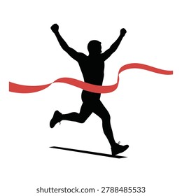 Black silhouette of a runner crossing the red finish line tape celebrating athletic victory