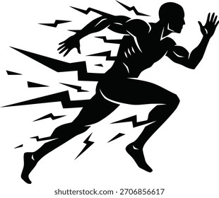 Black Silhouette of a Runner in Motion with Lightning Bolt Streaks