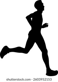 black silhouette runner running marathon on white background