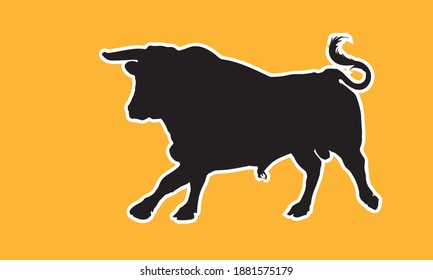 black silhouette of a running bull on an orange background for stickers and decoration