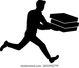 Black silhouette of a running courier holding pizza boxes – fast delivery concept, isolated icon without background, suitable for food service and express shipping themes.