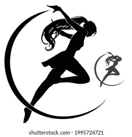 A black silhouette of a running girl, in a dynamic dance, he makes a beautiful gesture with his hands describing a perfect circle of the logo, she has long hair and a short skirt. 2d illustration