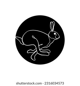Schwarze Silhouette des Laufhasen in schwarzem Kreis. Grafische Zeichnung. Vektorgrafik.