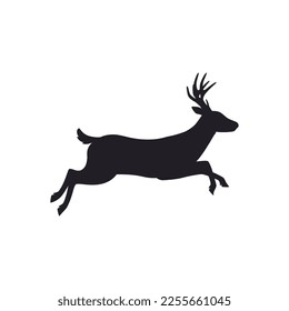 Black silhouette of running horned forest deer or northern reindeer, outline vector illustration isolated on white background. Wild deer contour shape for logo or emblem.