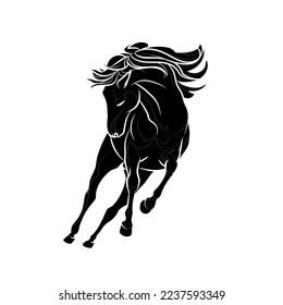 Black silhouette of the running horse on white background. Graphic drawing. Vector illustration.