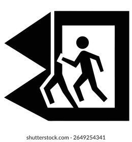 A black silhouette of a running man is depicted exiting a doorway. A directional arrow points to the left, indicating an escape route.