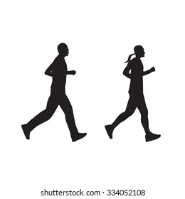 Black silhouette of running people, couple. Man and woman.