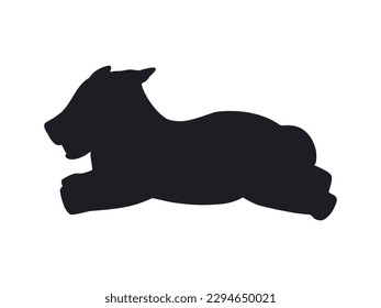 Black silhouette of running puppy corgi dog. Little pet animal. Hand drawn vector illustration isolated on white background, modern flat cartoon style.