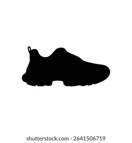 Black silhouette of a running shoe with a heel loop and a textured sole, isolated on a white background