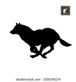 Black silhouette of running wolf on white background. Forest animals. Detailed isolated image. Vector illustration