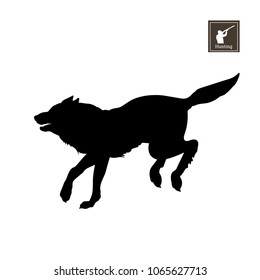 Black silhouette of running wolf on white background. Forest animals. Detailed isolated image. Vector illustration