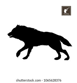 Black silhouette of running wolf on white background. Forest animals. Detailed isolated image. Vector illustration