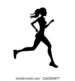 Black silhouette of running woman isolated on white background. Vector illustration.