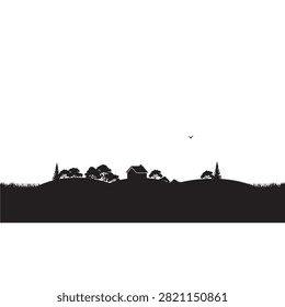 Black silhouette of a rural landscape featuring a small house on a grassy hill with trees and a single bird flying in the white sky