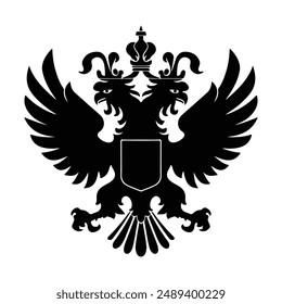 Black silhouette of the Russian Federation, Coat of Arms of the Russian tow headed eagle with shield design