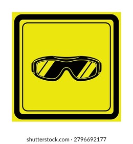 A black silhouette of safety goggles centered on a bright yellow square background with a thick black border, resembling a safety warning sign.