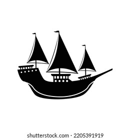 Black silhouette of a sailboat. The black shape of the sailboat seen from the side.