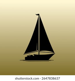 Black Silhouette of Sailboat with Tall Mast and Sails Isolated on Gradient Background Vector