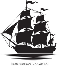 Silhueta preta de um veleiro com bandeira navio de barco