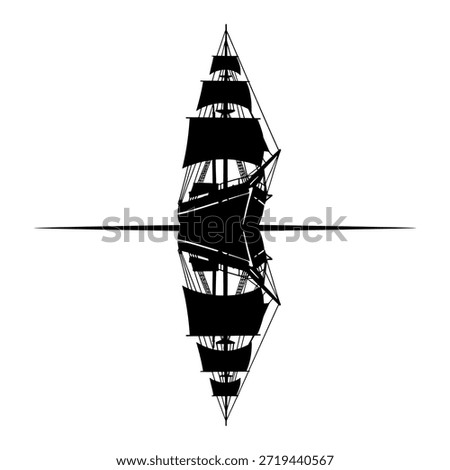 Black silhouette of a sailing ship with multiple masts and sails, reflected perfectly in calm water, creating a mirrored effect.