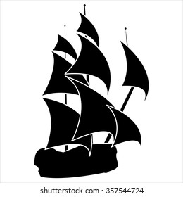 black silhouette of sailing ship on white background vector