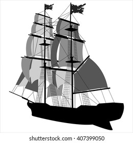 black silhouette of sailing ship on white background vector