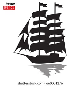 Black silhouette Sailing ship, sailboat,  isolated on white background, vector illustration