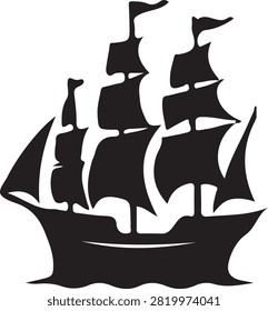 a black silhouette of a sailing ship with three masts and several sails, set against a white background