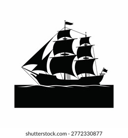Black silhouette of a sailing ship vector illustration isolated on white background