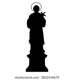 A black silhouette of a saint statue featuring a halo and holding a cross, symbolizing spirituality and religious devotion.