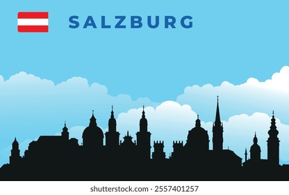 Black silhouette of Salzburg city skyline with text and flag. Vector on the background of blue sky and white clouds
