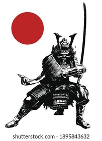 The black silhouette of a samurai with a katana in his hands, against the red sun, he crouched in a low stance, ready for battle. 2d illustration.