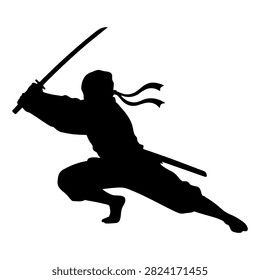Black silhouette of a samurai warrior in a dynamic crouching pose holding a katana sword, emphasizing agility and combat readiness.