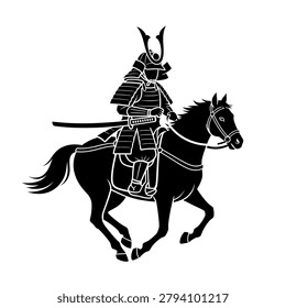 A black silhouette of a samurai warrior in full armor riding a horse, depicted in motion.