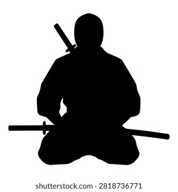 Black silhouette of a samurai warrior sitting with a katana, emphasizing traditional armor and stance in a minimalist style.