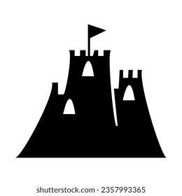 Black silhouette of sandcastle isolated on white. Beach activities cartoon illustration. Summer, beach holidays concept. Simple black and white vector