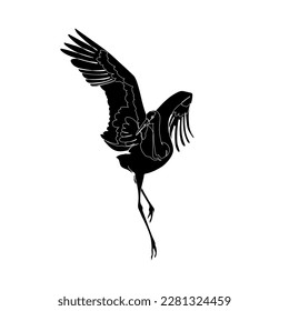 Black silhouette of the sandhill crane on white background. Graphic drawing. Vector illustration.