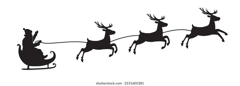 Black silhouette of Santa Claus flying in a sleigh on a reindeer sleigh. Vector illustration isolated on white background