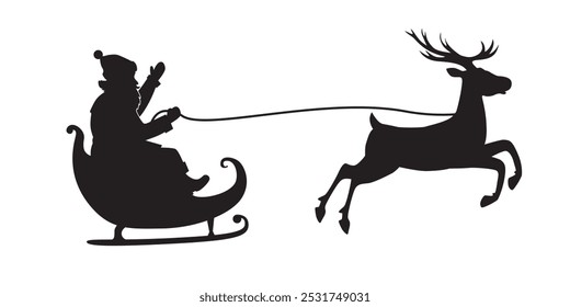 Black silhouette of Santa Claus flying in a sleigh on a reindeer sleigh. Vector illustration isolated on white background