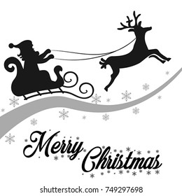 Black Silhouette. Santa Claus flying with reindeer sleigh. Vector, Illustration.
