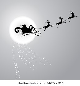 Black Silhouette. Santa Claus flying with reindeer sleigh. Vector, Illustration.