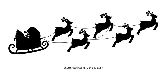 Black silhouette santa claus in trolley and deer. Christmas flying reindeer, xmas sticker graphic template for wall or glass, nowaday vector element
