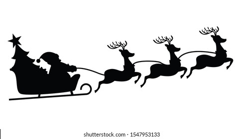 Black silhouette Santa flying in a sleigh with reindeer. Isolated object. Christmas. New Year. Vector illustration EPS10