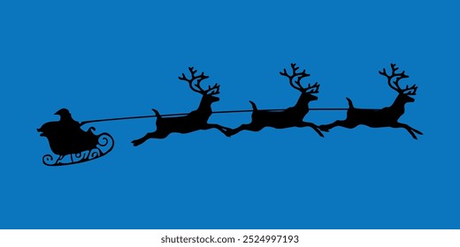 Black silhouette of Santa on a sleigh with reindeer. Vector on blue background