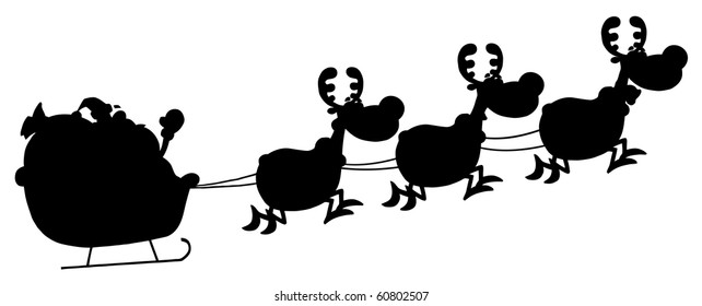 Black Silhouette Of Santa And A Reindeers Flying In A Sleigh