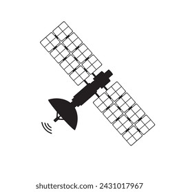 Black silhouette of Satellite solid navigation and communication. Space unmanned satellite technology, global communication. Icon on white background. Design for web, print. Flat vector illustration