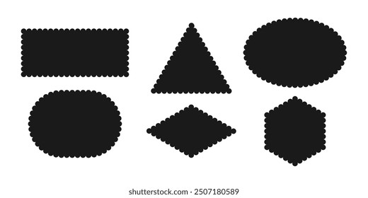 Black silhouette scalloped frames. Geometric shapes stickers with zigzag wavy edge. Rectangle Ellipse triangle rhombus Box. Tag Label Stamp element for design