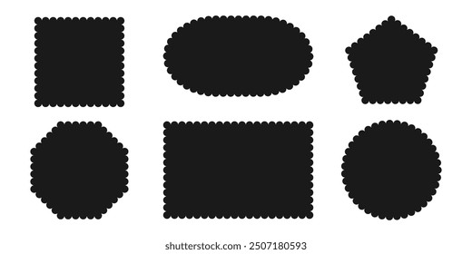 Black silhouette scalloped frames. Geometric shapes stickers with zigzag wavy edge. Tag Label Stamp Box element for design